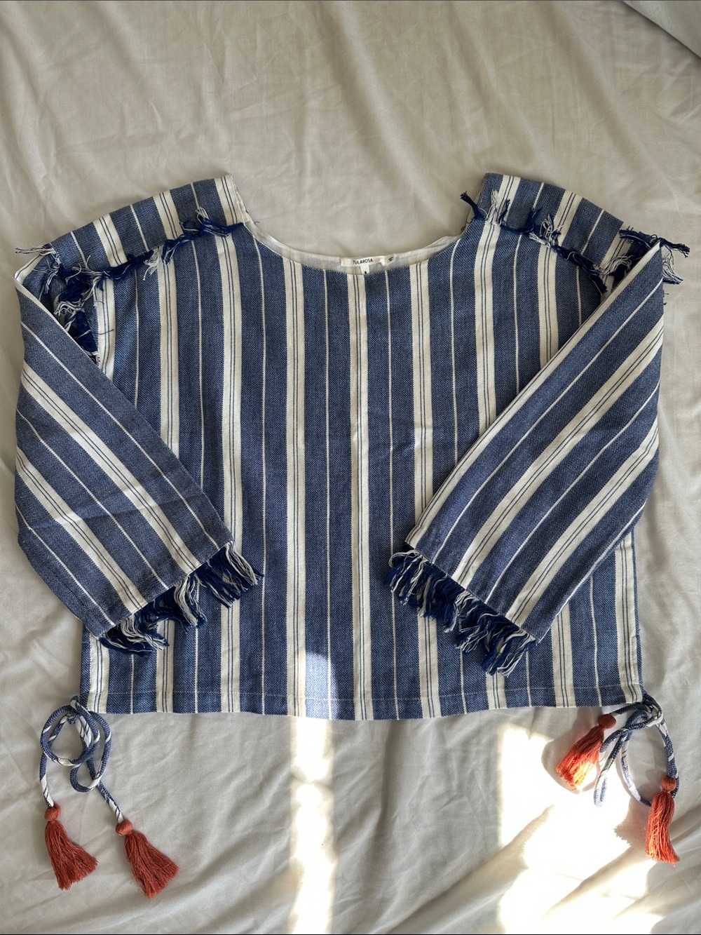 NWOT 100% Cotton Tularosa Blue and White Striped Fringe Top with Rust Tassels